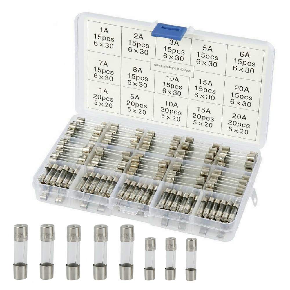 ETOPARS 250 Pcs Car Electric Quick Fast-Blow Glass Tube Fuse Assorted Kit 250V 5x20mm 1A 5A 10A 15A 20A, 6x30mm 1A 2A 3A 5A 6A 7A 8A 10A 15A 20A
