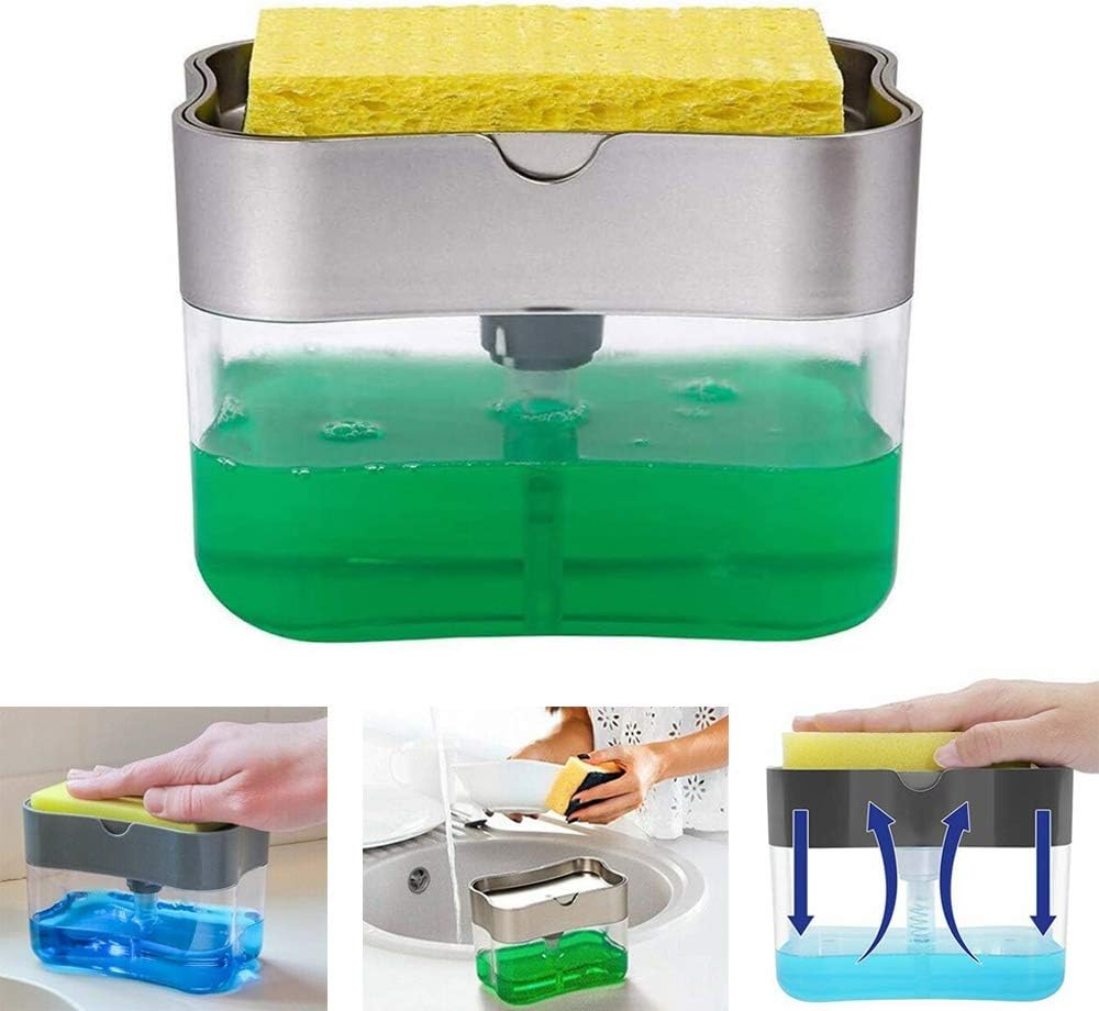 REFAHB Soap Dispenser for Kitchen,Dish Soap Dispenser,2-in-1 Sponge Rack Soap Dispenser,Sponge Caddy Storage Container 13 oz -Silver