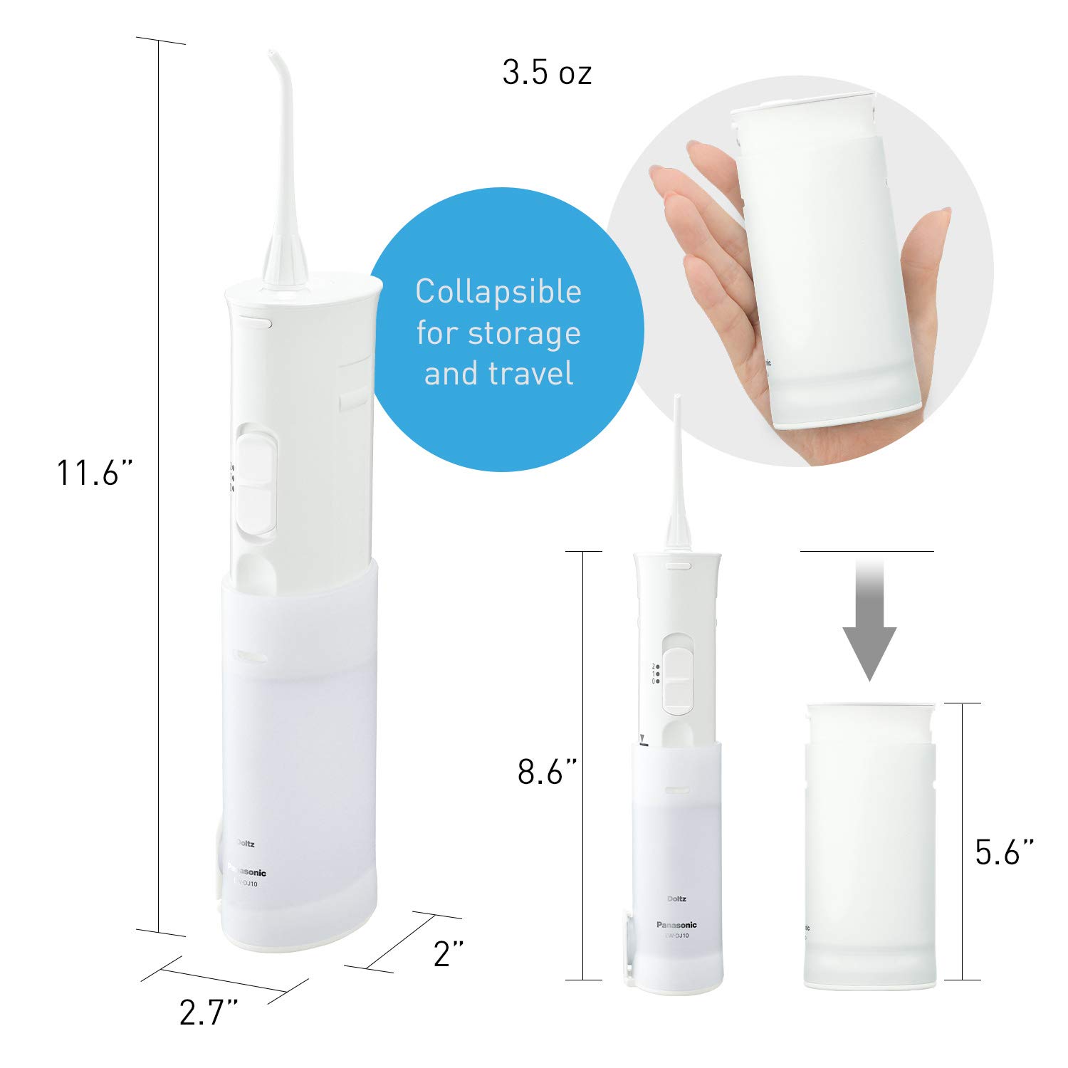 Panasonic DJ10-W Cordless Dental Water Flosser, Dual-speed Pulse Oral Irrigator, Collapsible, Design For Travel, EW-DJ10-W: Beauty