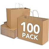 BURVAGY 16x6x12 Inch 100 Pcs Large Kraft Paper Bags with Handles Bulk, Brown Gift Kraft Shopping Bags for Small Business Boutique Retail Grocery