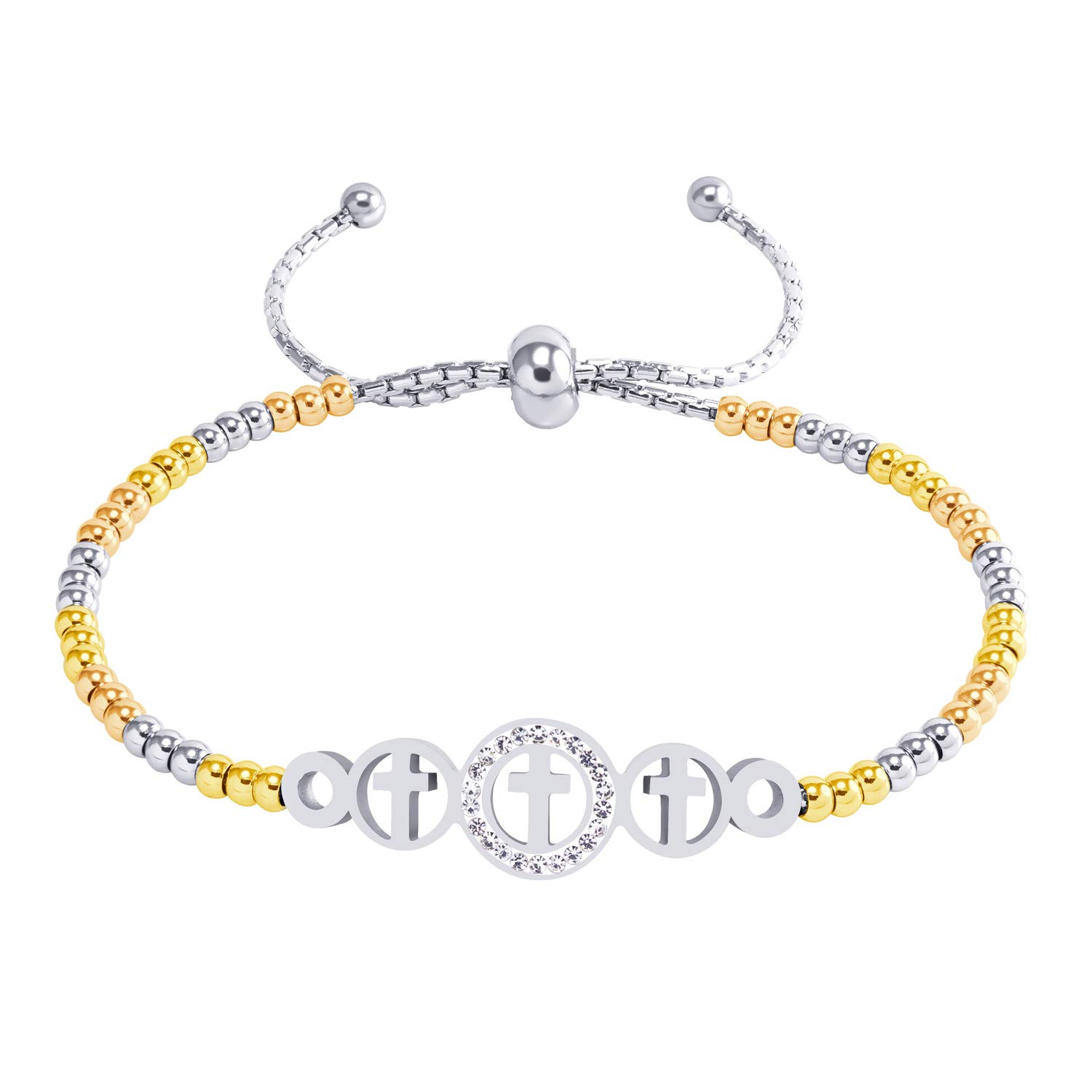 555Jewelry Stainless Steel Cross Bracelet for Women Adjustable Slide Bracelet Cuff Bangle Ball Chain Beaded Bolo Bracelets for Women, Cubic Zirconia Bracelets for Women, Silver/Gold/Rose Gold