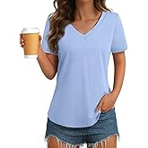 GKBK Womens T Shirts V Neck Short Sleeve Cotton Tops Summer Curved Hem Trendy Basic Tee Shirt S-XXL