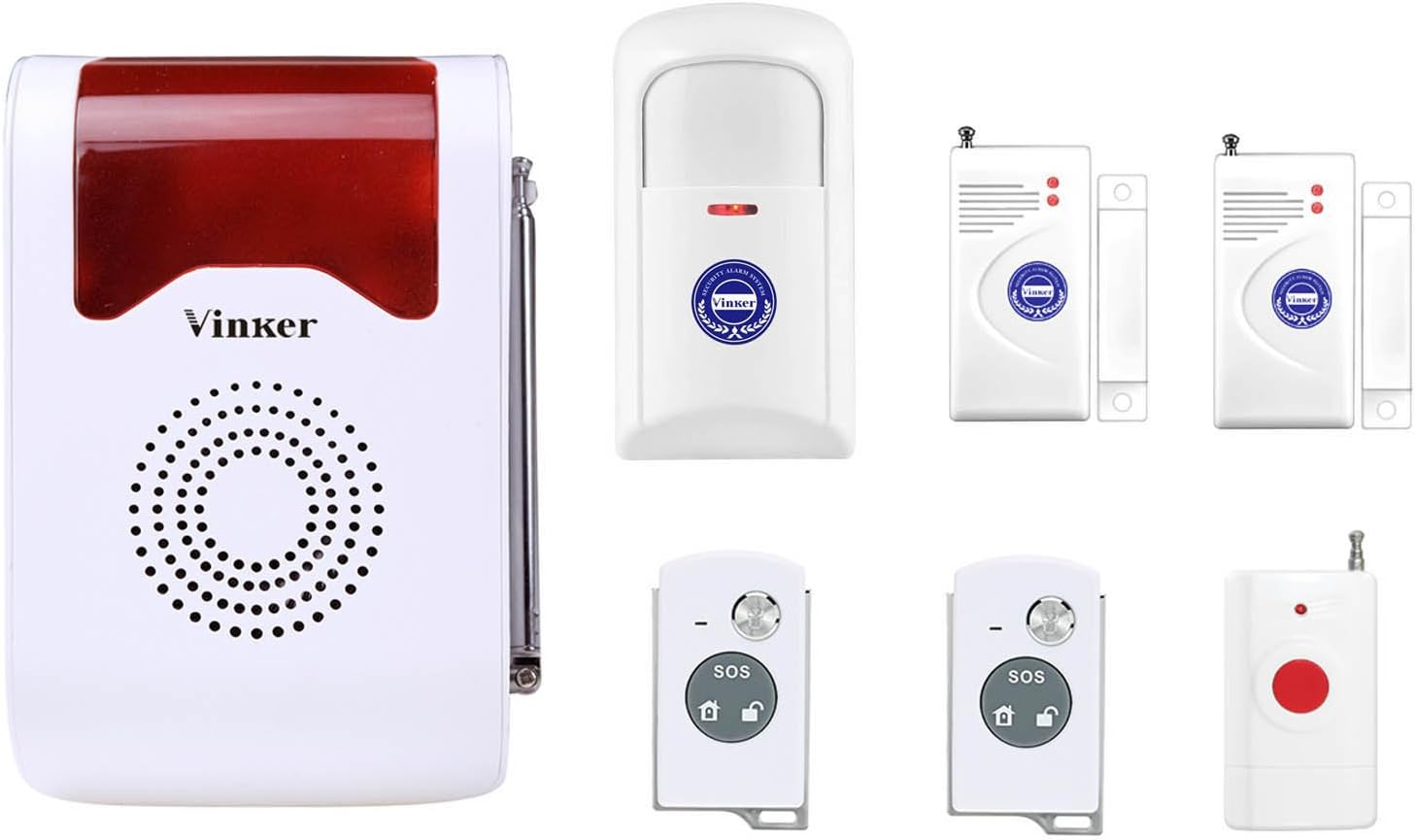 Vinker VK-5A Stand Alone Wireless Home Security Alarm, Infrared Alert System Kit with Strobe Siren, Door/Window Sensors, PIR Motion Detector Sensor, SOS Remote Control Keyfobs