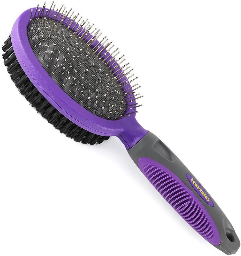 Hertzko Double Sided Pins and Bristle Brush For Dogs and Cats with Long or Short Hair - Dense Bristles Remove Loose Hair from Top Coat and Pin Comb Removes Tangles, and Dead Undercoat