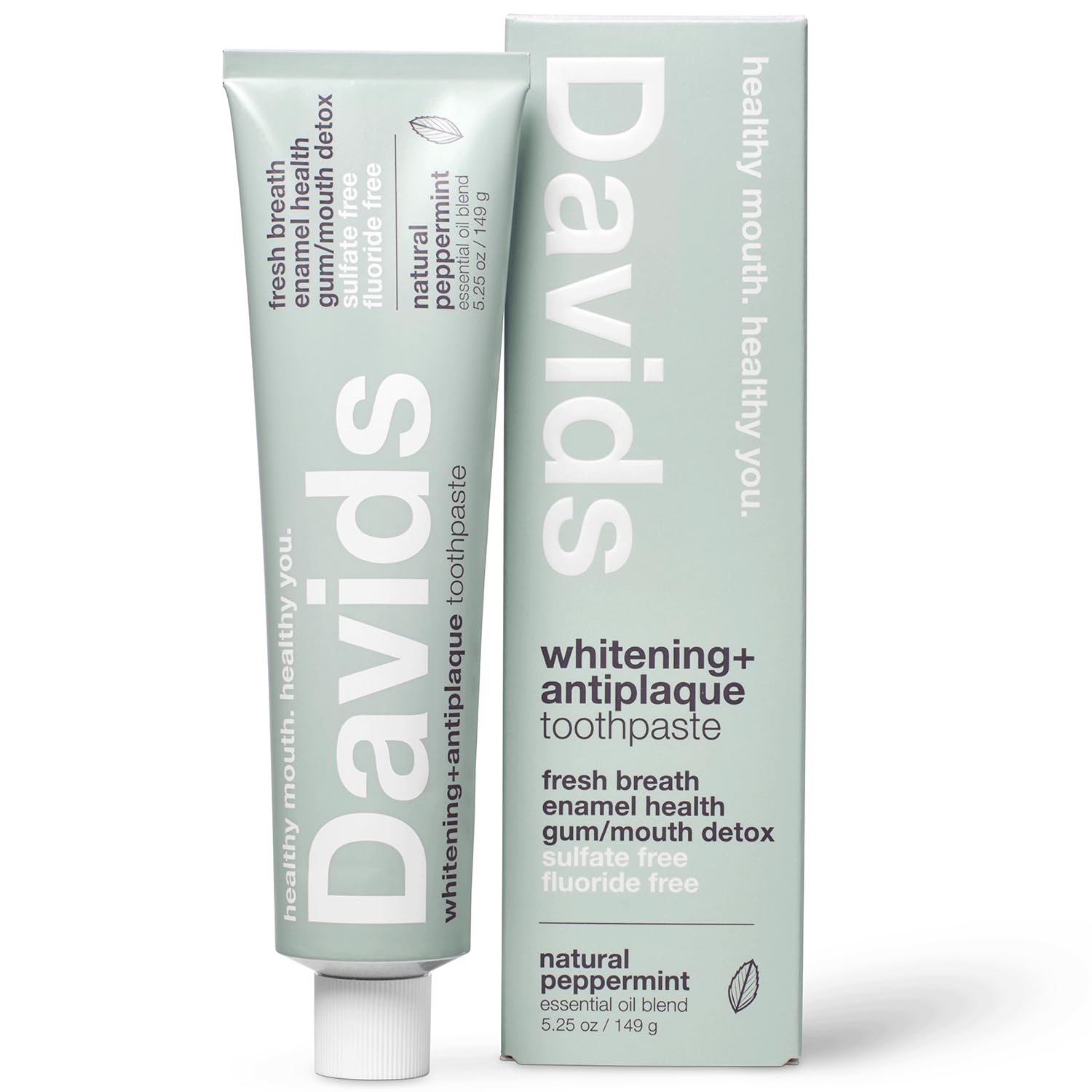 Davids Natural Whitening Toothpaste, Antiplaque, Fluoride Free, SLS Free, Peppermint, 5.25 OZ Metal Tube, Tube Roller Included