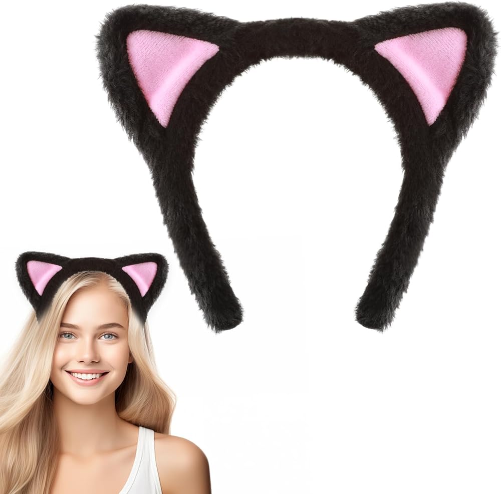 Mabor Cat Ears Headband Black Polyester Fur For Makeup Party Adult