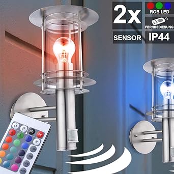 2er Set Wand Aussen Lampen Fernbedienung Bewegungsmelder Im Set Inklusive Rgb Led Leuchtmittel Amazon De Beleuchtung