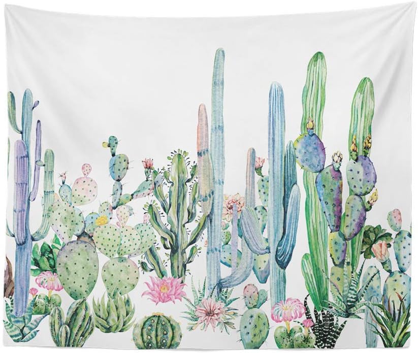 LanMent Cactus Tapestry Wall Hanging White and Green Succulent Plants Tablecloths Flower Wall Ttapestry Home Decorations for Bedroom 51x60 Inches