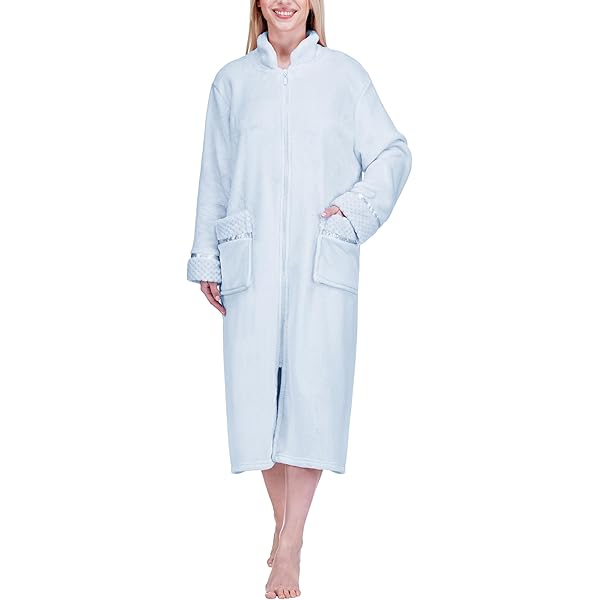 Casual Nights Women's Zip Up Front Long Fleece Robe House Dress - Blue