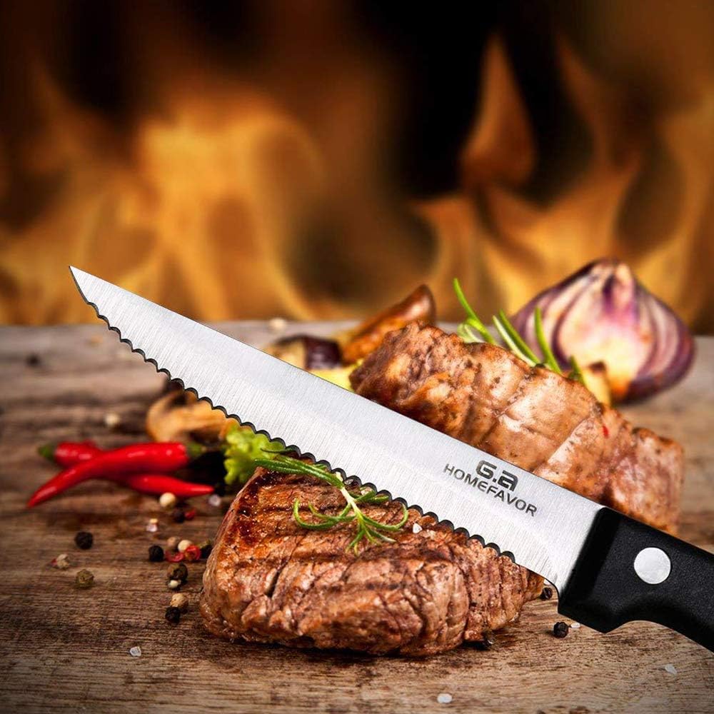 G.a HOMEFAVOR Steak Knife Set Stainless Steel, 8 Pieces Full Tang Sharp Serrated Knives Cutlery Set, Black: Kitchen & Dining