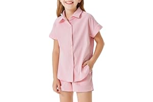 Haloumoning Girls Short Sets Summer Button Down Shirts and Shorts with Pockets 2 Piece Outfits 5-14 Years