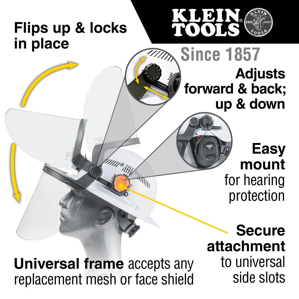 Klein Tools 60528 Full-Brim Hard Hat Face Shield, Clear, Impact-Rated, Anti-Fog, Low-Profile Design, Flip-Up, Earmuff Compatible, One Size
