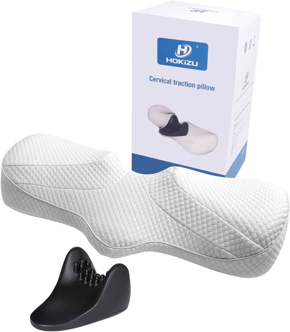 HOKIZU Cervical Traction Pillow for Neck and Shoulder Pain Relief, Orthopedic Contour Memory Foam Pillow for Side Sleepers and Back Sleepers, 3D Ergonomic Partition Multi-Functional Design, White
