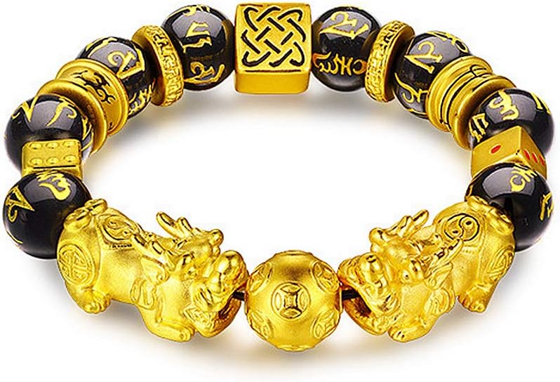 Prime Feng Shui Bracelet Porsperity Double Pi Xiu/Pi Yao Black Mantra Bead Bracelet 7.5 inch with Golden Dice Attract Wealth and Good Luck