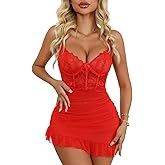 Rigeri Sexy Lingerie for Women Mesh Babydoll Dress with Underwire Bra Lace Chemise Ruffle Hem Sleepwear S-XXL