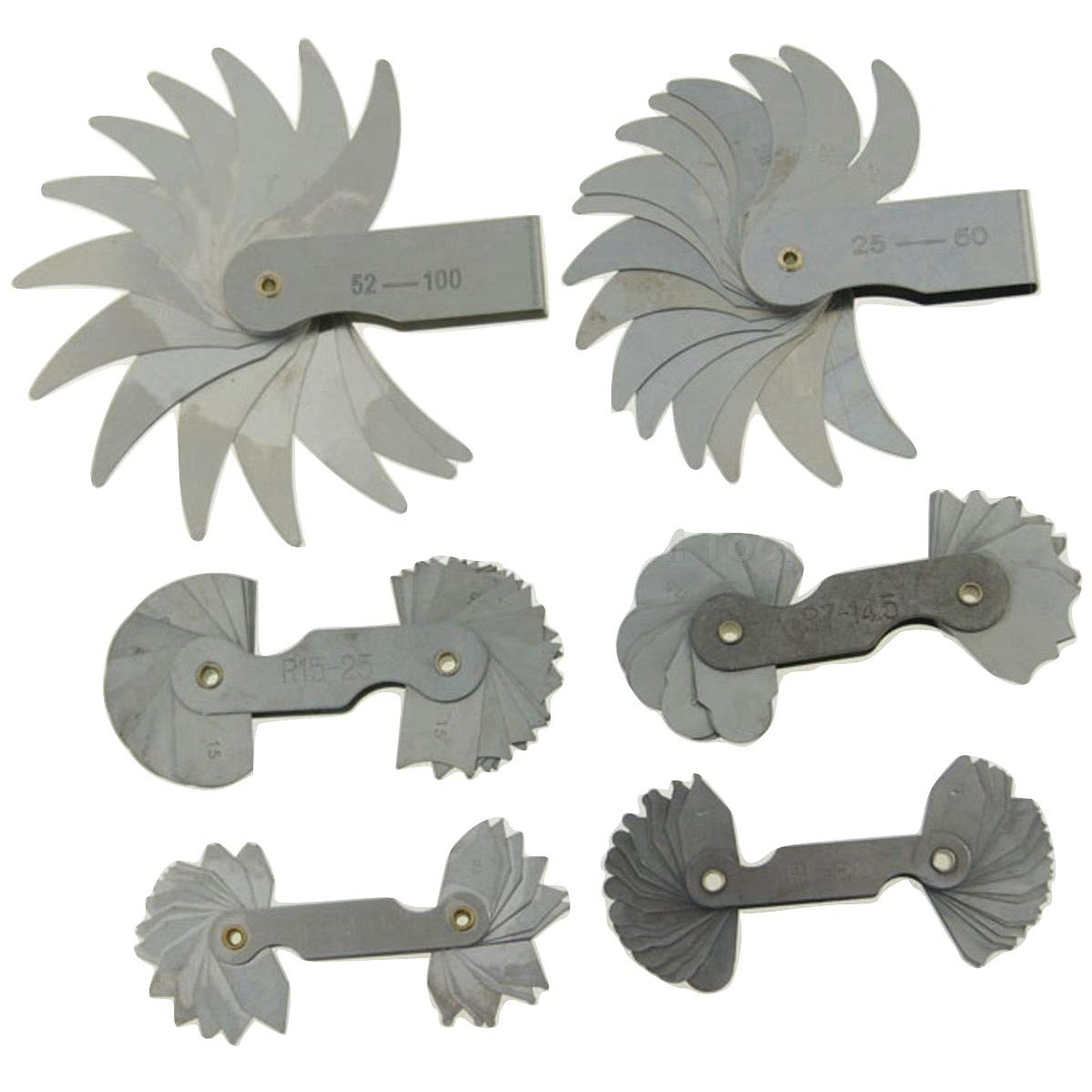 KATSU Radius Gauge Set R0.3-1.5 / R1-6.5 / R7-14.5 / R15-25 / R25-50 / R52-100 Pack of 6 Metal Radius Fillet Gauges Portable Concave Convex Measuring Tool Engineers 40110803