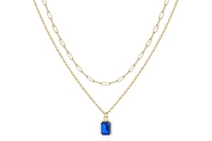 Vrsilver Layered Birthstone Necklace for Women Girls, 14K Gold-Plated Paperclip Chain Choker Necklace with Rectangle Birthstone Pendant Birthday Gifts for Women Girls Dainty Small