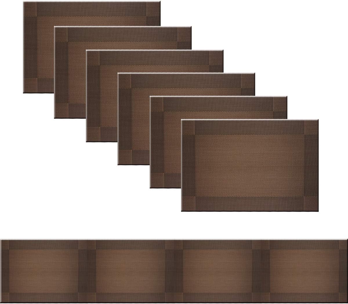 Bright Dream Placemats for Kitchen Table Washable Easy to Clean PVC Placemat Heat-resistand Woven Vinyl Table Mats (1 Table Runner and 6 Placemats, Brown)