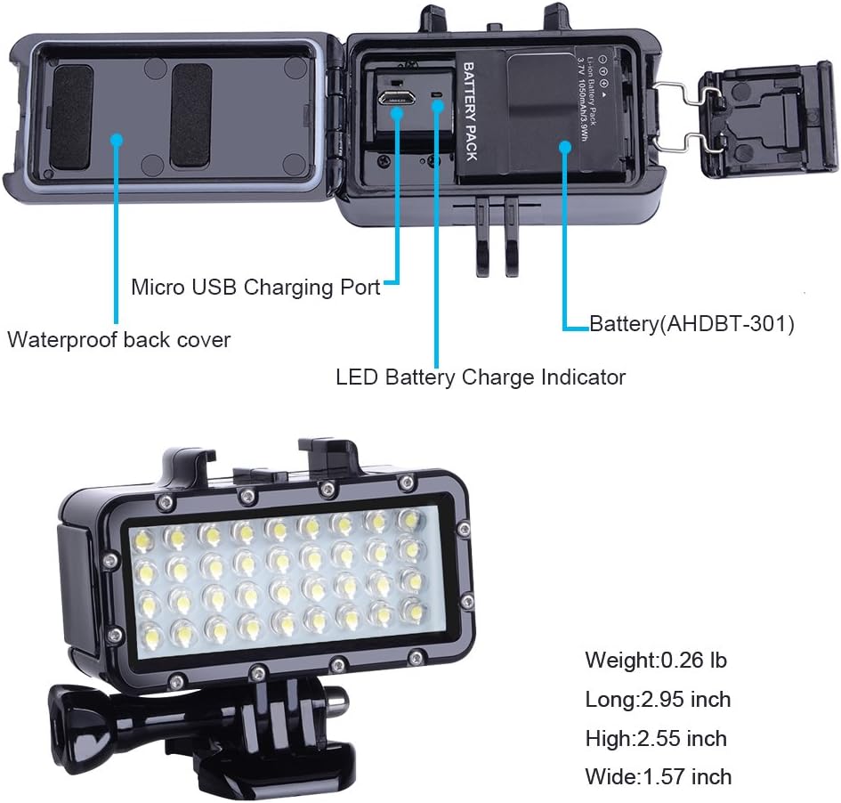 Suptig Diving Light High Power Dimmable Waterproof LED Video Light Fill Night Light Diving Underwater Waterproof 147ft for Gopro Hero 13/Hero 12/11/10/9/8/7/6/5/5S/4/3+ More Action Cam - Image 5