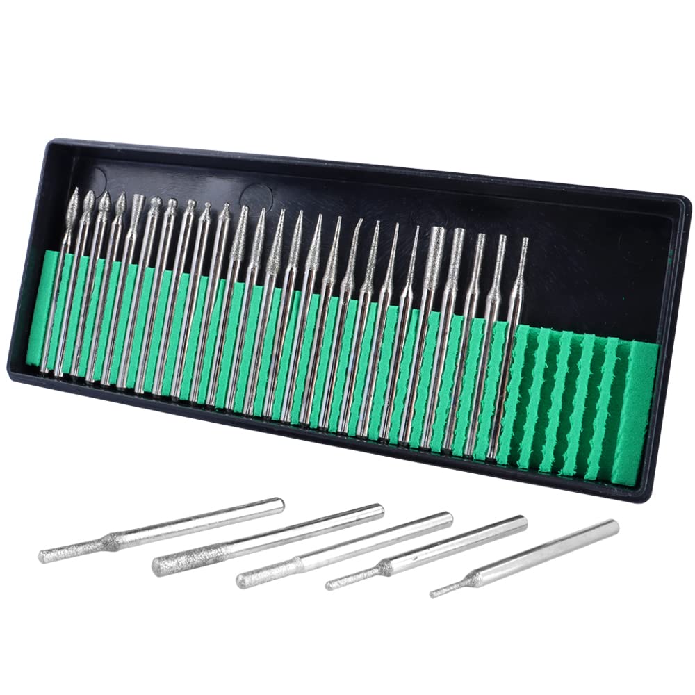 Mesee 30 Pieces Diamond Burr Assortment Set, 3mm Shank Diamond Coated Burrs Deburring Engraving Carving Drills Bits for Rotary Tool Accessories