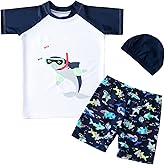 DOOVID Toddler Boy 3-Piece Swimwear Set Baby Boy Swimsuit with Hat UPF 50+ Rash Guards Short Sleeve Bathing Suit for Boys