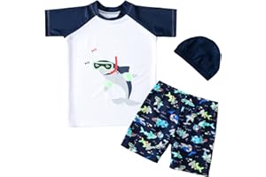 DOOVID Toddler Boy 3-Piece Swimwear Set Baby Boy Swimsuit with Hat UPF 50+ Rash Guards Short Sleeve Bathing Suit for Boys