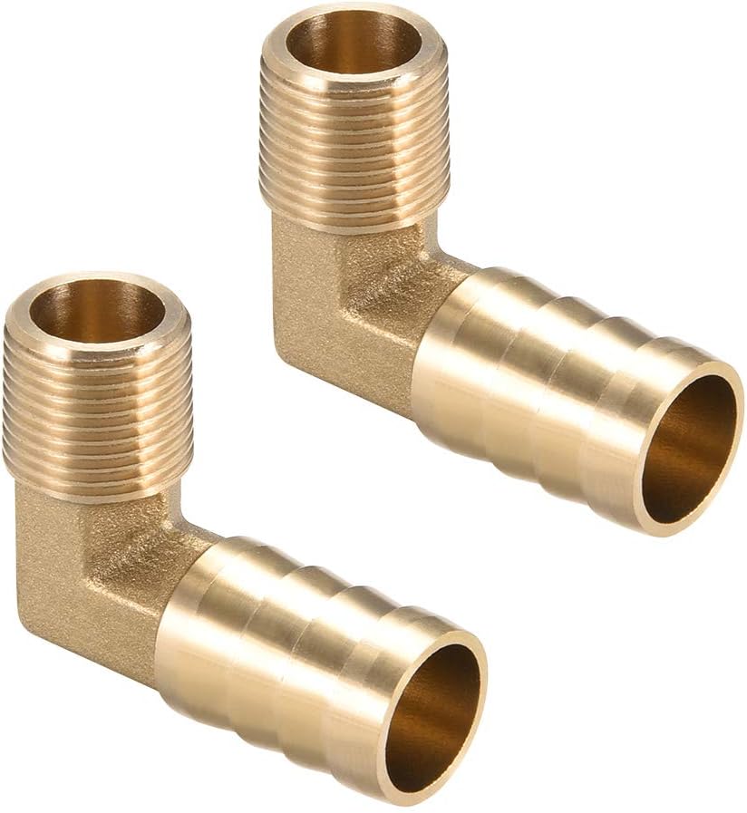 sourcing map Brass Barb Hose Fitting, 90 Degree Elbow 16mm Barbed to 3/8PT Male Pipe Adapter Connector 2pcs