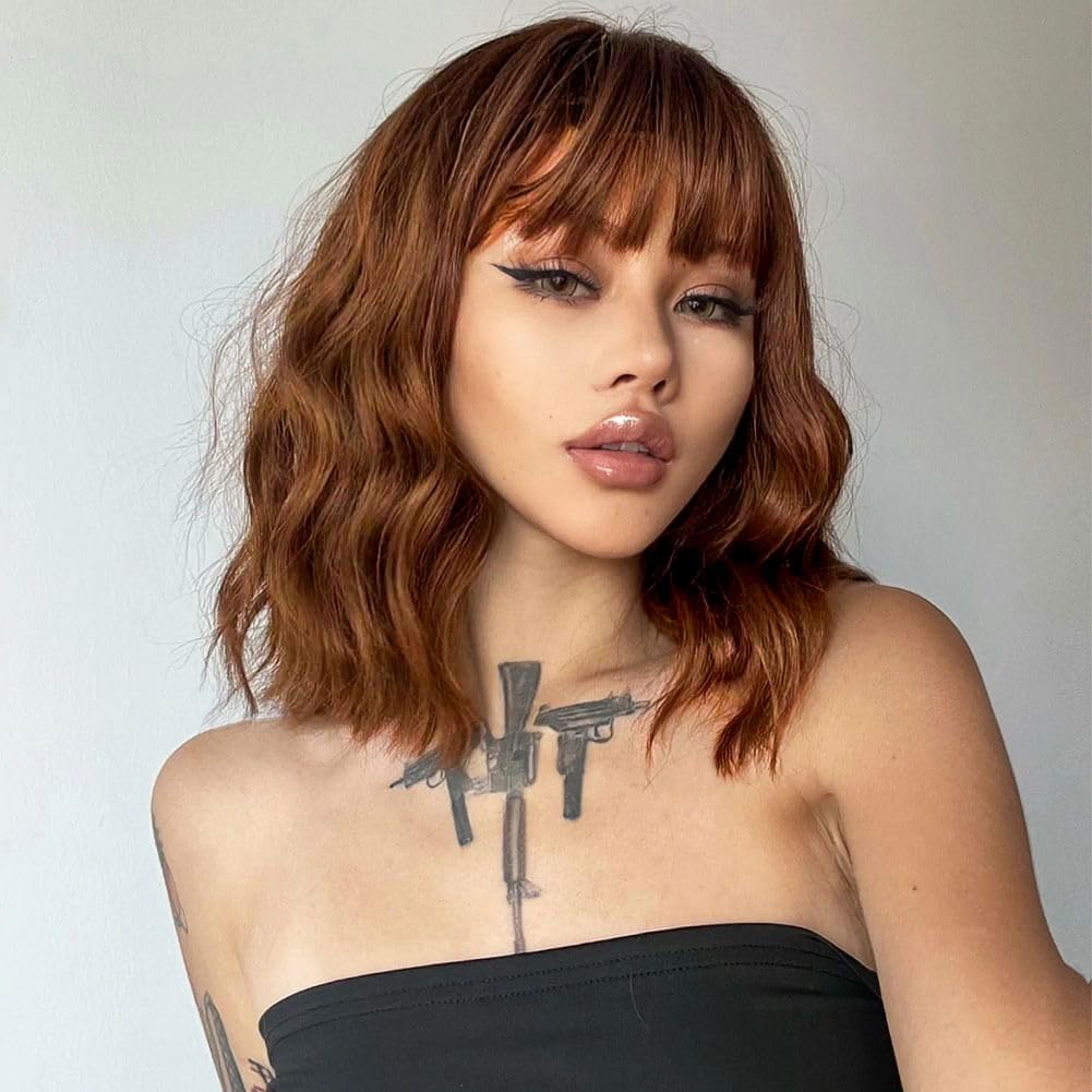 Photo 1 of LOSMOEER Auburn Brown Wig with Bangs Short Wavy Wigs for Women Shoulder Length Curly Bob Wigs Heat Resistant Synthetic Wigs for Halloween Cosplay Daily Party Use