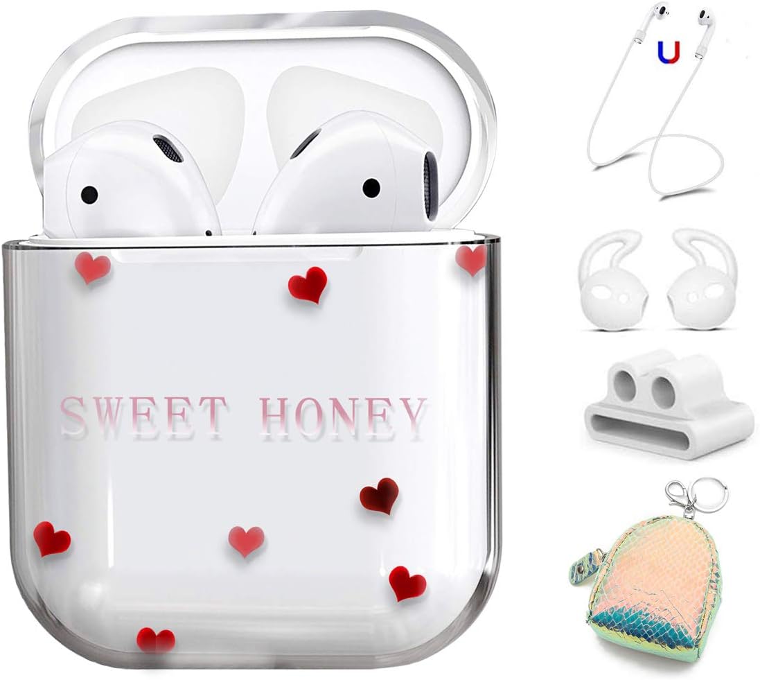 AirPods Case Cover 5 in 1 for Apple AirPods 2 & 1, Cute Clear Full Protective Hard Cute Cases for Girls Floral Print for Apple Airpods 1 & 2 - Flamingo (Love-Red)