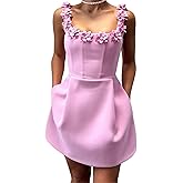 Qikaka Women's Sleeveless O Neck 3D Flowers Bodycon Sexy Nightclub Party Mini Dress