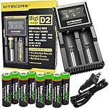 Nitecore D2 two slot smart battery Charger with LCD display For Li-ion, IMR, LiFePO4 26650 22650 18650 17670 18490 17500 18350 16340 RCR123 14500 10440 Ni-MH And Ni-Cd AA AAA AAAA C Rechargeable Batteries with 8 x EdisonBright Ni-MH rechargeable AA batteries bundle