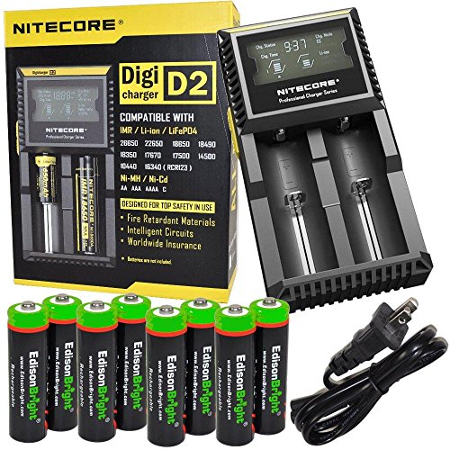 Nitecore D2 two slot smart battery Charger with LCD display For Li-ion, IMR, LiFePO4 26650 22650 18650 17670 18490 17500 18350 16340 RCR123 14500 10440 Ni-MH And Ni-Cd AA AAA AAAA C Rechargeable Batteries with 8 x EdisonBright Ni-MH rechargeable AA batteries bundle