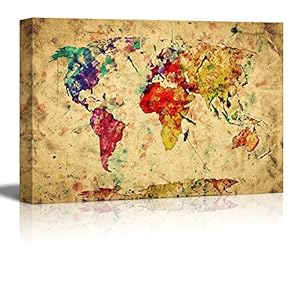 Vintage World Map Colorful Paint Watercolor Retro Style...