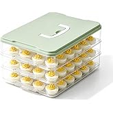 3-Layer Deviled Egg Containers with Lid,Plastic Egg Container for Refrigerator with Handle,Deviled Egg Carrier for 72 Eggs,Kitchen,Festival Party, Stackable Egg Holder for Fridge (Green)