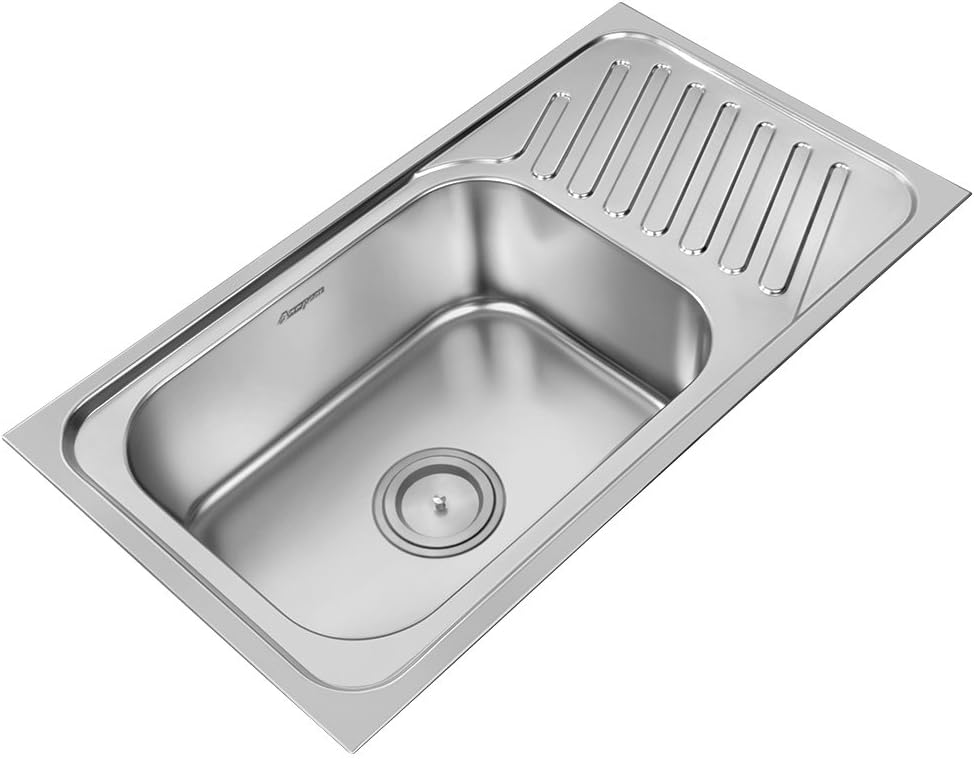 ANUPAM 216 Single Square Bowl With Drain Board Kitchen Sink, Silver, Satin Finish