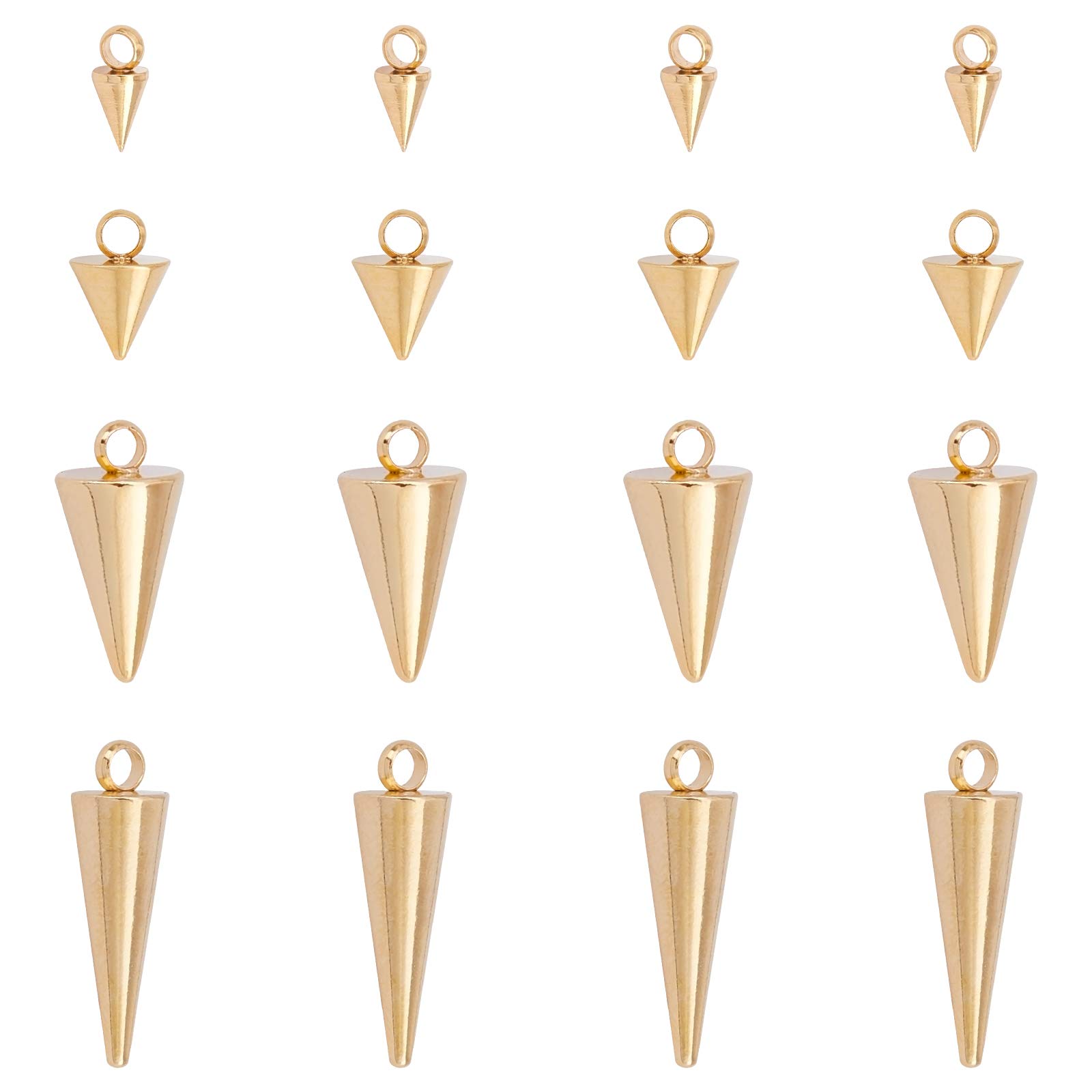UNICRAFTALE About 24pcs 4 Styles Spike Pattern Hypoallergenic Pendants 304 Stainless Steel Charms Golden Cone Pattern Pendants for DIY Necklaces Jewelry Making, Hole 1.5~2mm