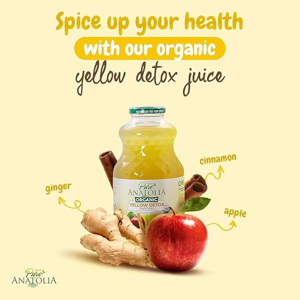 ORGANIC YELLOW DETOX JUICE BY PURE ANATOLIA – USDA ORGANIC, GLUTEN FREE, VEGAN, NO PRESERVATIVES, NON GMO- REUSABLE 1 GLASS BOTTLE OF 32 FL OZ.