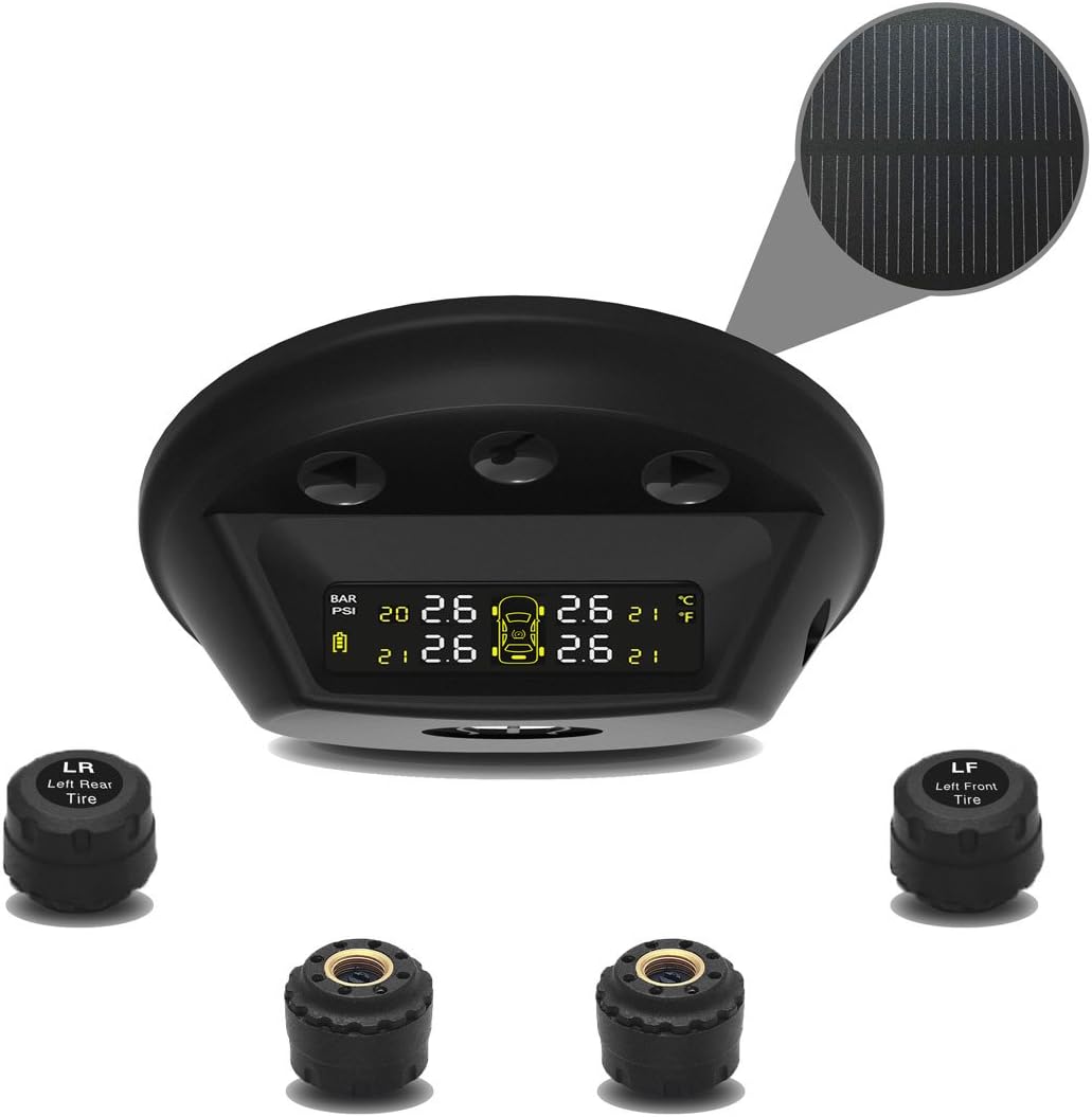 YOKARO Solar Powered TPMS, Wireless Tire Pressure Monitoring System, Touch Keys Monitor, 4 Valve Cap Sensors, Black