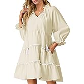 Wenrine Womens Casual Mini Dress Long Sleeve Floral Ruffle V Neck Fall Loose Boho Babydoll Dresses with Pockets