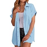 MaQiYa Womens Short Sleeve Button Down Shirts Casual Loose Fit Summer Shirt Blouses Tops with Pockets