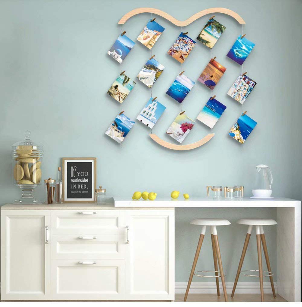 Uping Hanging Photo Display for Wall, Wood Picture Frame Collage with 30 Clips Multi Photo Display Collage Board for Party,Home, Office Decor (29.1 X 25.2 Inch)