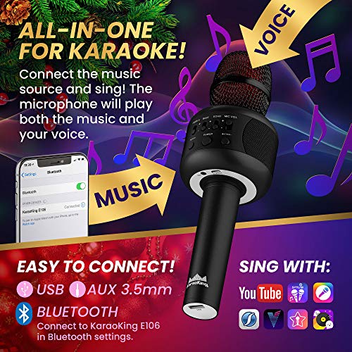 Wireless Bluetooth Karaoke Microphone - Portable KTV Karaoke Machine with Speaker + FREE USB Disco Ball Light & Phone Holder Perfect for Pop, Rock n' Roll Parties, Solo Parties & More (E106 DarkBlack)