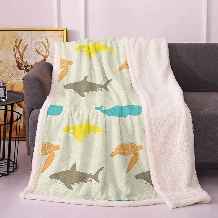 Sea Animals Soft Throw Blankets Pattern with Whale Shark and Turtle Aquarium Doodle Style Marine Life Frozen Blanket Ivory Taupe Peach 60"x80"