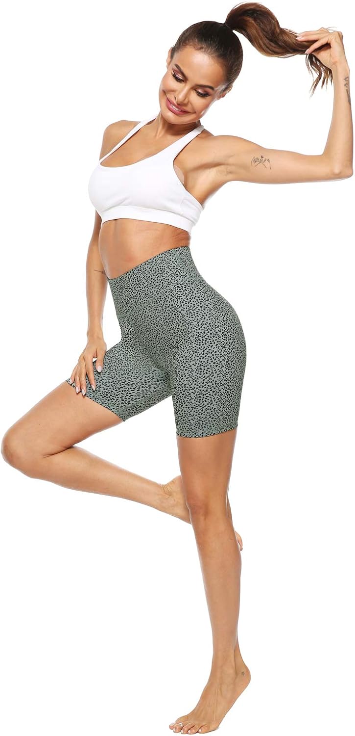 Persit Women's High Waist Print Workout Yoga Shorts with 2 Hidden Pockets, Non See-Through Tummy Control Athletic Shorts: Clothing
