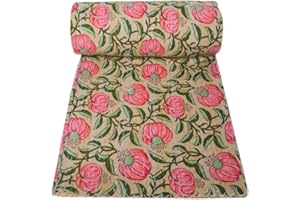MAVISS HOMES Indian Block Print Quilt Kantha Quilts Queen Size Kantha Throw Quilt Blanket Kantha Bedspreas Pure Cotton Quilt (Twin 90 X 60 Inch, Beige)