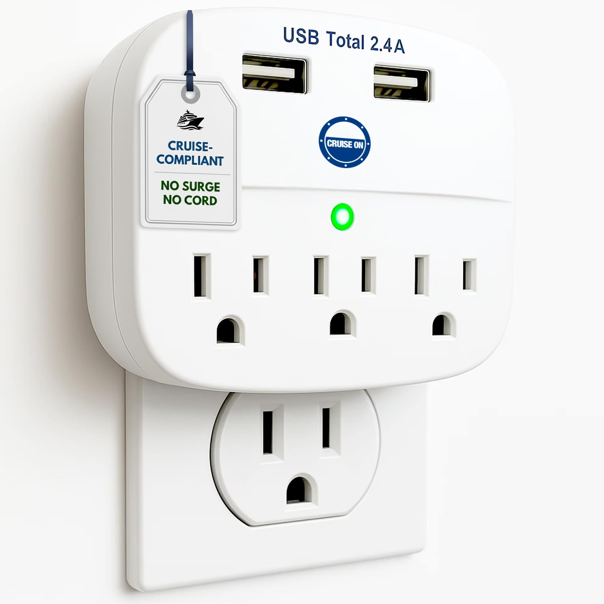Cruise Approved Power Strip - Non Surge Protector for Cruise Ship with 2 USB Outlets - Cruise Ship Essentials 2025 for Carnival, Princess, Norwegian, Holland America, MSC & Major Cruise Lines (White)