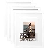 KINLINK 11x14 Picture Frame White, Solid Wood Frames with Acrylic Plexiglass for Pictures 5x7/8x10 with Mat or 11x14 without Mat, Tabletop and Wall Display, Set of 4