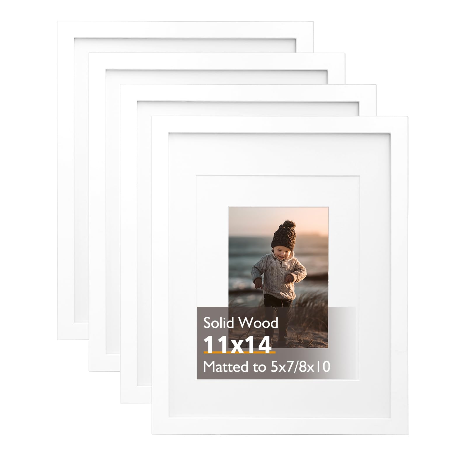 Photo 1 of KINLINK 11x14 Picture Frame White, Solid Wood Frames with Acrylic Plexiglass for Pictures 5x7/8x10 with Mat or 11x14 without Mat, Tabletop and Wall Display, Set of 4