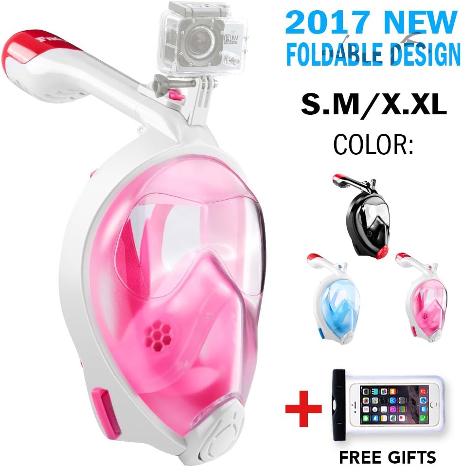 Snorkel Mask, Fnova Folding 180ยฐView Gopro Compatible Full Face Snorkeling and Diving Mask 2.0 Version, Easybreath & Anti-Fog & Anti-Leak Design Fit for Kids and Adults, Includes Waterproof Phone Case
