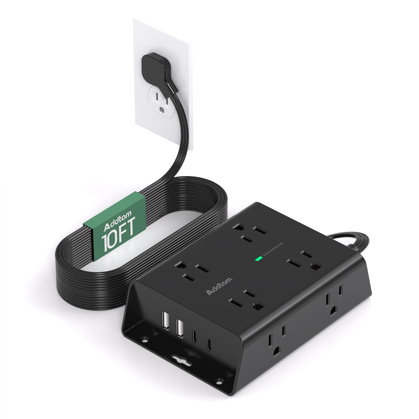Photo 1 of 10FT Flat Plug Extension Cord with Multiple Outlets, Surge Protector Power Strip 10 ft Cord, 8 Outlets 4 USB Ports (2 USB C), Multi Outlet Wall Plug for Home Office College Dorm Room Essentials, Black